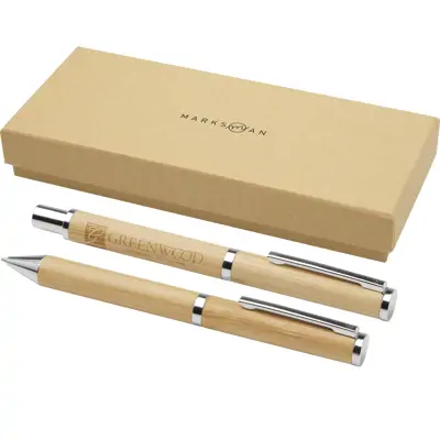 Apolys Bamboo Ballpoint And Rollerball Pen Gift Set 